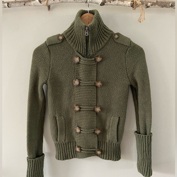 Y2K American Eagle Army Green Wool Blend Chunky Knit Zip up Double Breasted Top - Picture 1 of 5